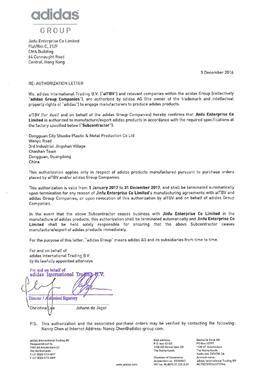 Certificado de autorização de Adidas