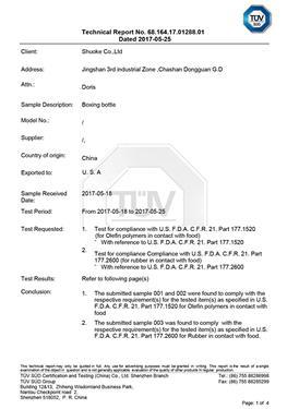 Relatório de teste FDA garrada de água esportiva para boxe